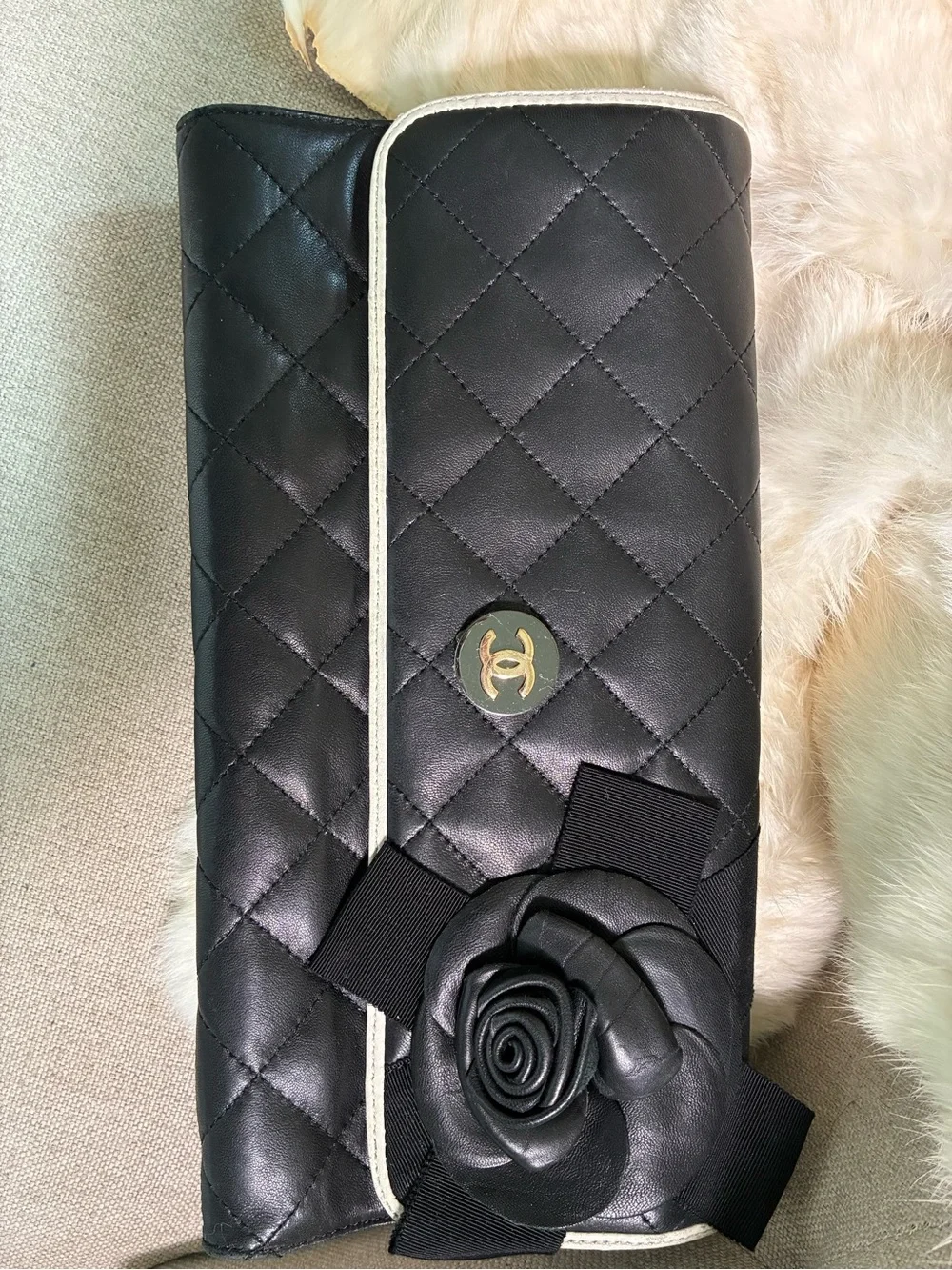 Black Quilted Leather Camellia Clutch with Ivory Trim and Gold CC